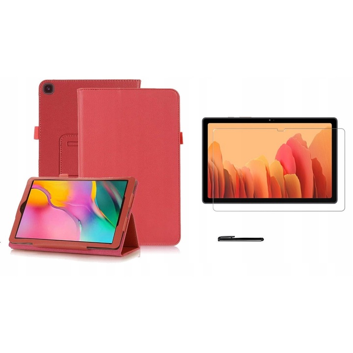 Set husa tableta/folie de protectie/stylus, Piele ecologica/Sticla, Compatibil cu Samsung Galaxy Tab A7, Rosu