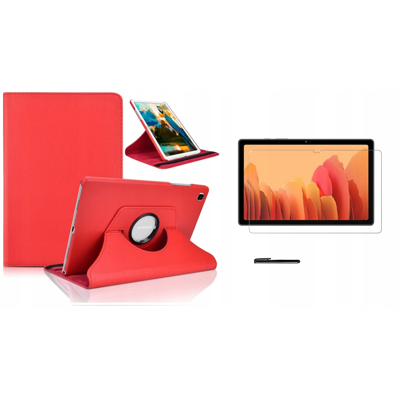 Set husa tableta/folie de protectie/stylus, Piele ecologica/Sticla, Compatibil cu Samsung Galaxy Tab A7, Rosu