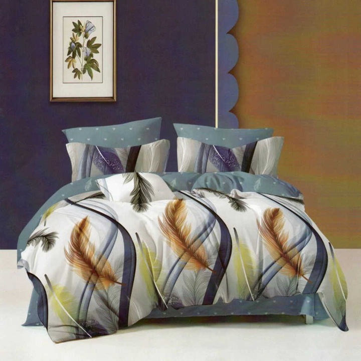 Спално спално бельо фино двойно памучно 6 части с ластик на чаршафа 180 х 200 см, цветни пера, синьо бяло, Ralex Pucioasa HF6P79