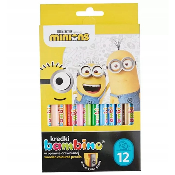 Set 12 creioane colorate + ascutitoare Minions, Bambino, Lemn/Argila, Multicolor