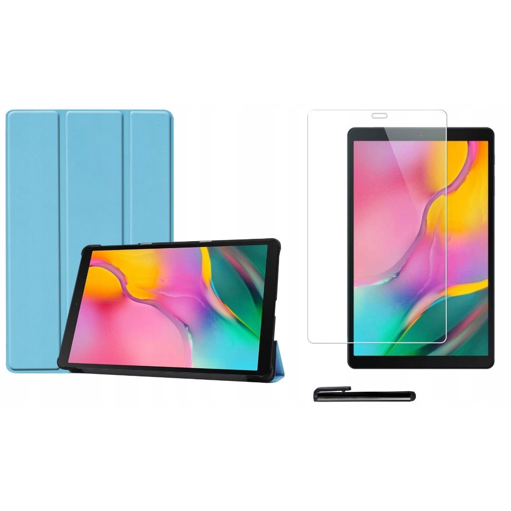 Set husa tableta/folie de protectie/stylus, Piele ecologica/Policarbonat, Compatibil cu Samsung Galaxy Tab A, Albastru