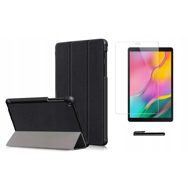 Táblaborító/védőfólia/toll készlet, Eco-bőr/üveg, Samsung Galaxy Tab A készülékkel kompatibilis, fekete