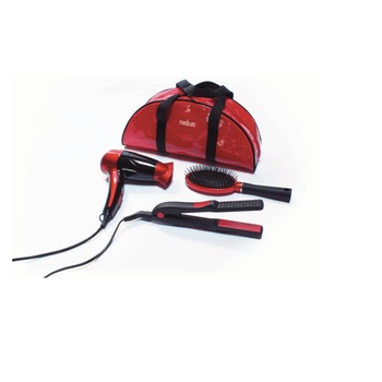 Set uscator de par 1200 W + Placa de indreptat parul, fete ceramice + perie par si borseta -Set cadou-ideal pentru voiaj, Rosu /Negru, Medicura Set uscator de par 1200 W + Placa de indreptat parul, fete ceramice + perie par si borseta -Set cadou-ideal pentru voiaj, Rosu /Negru, Medicura