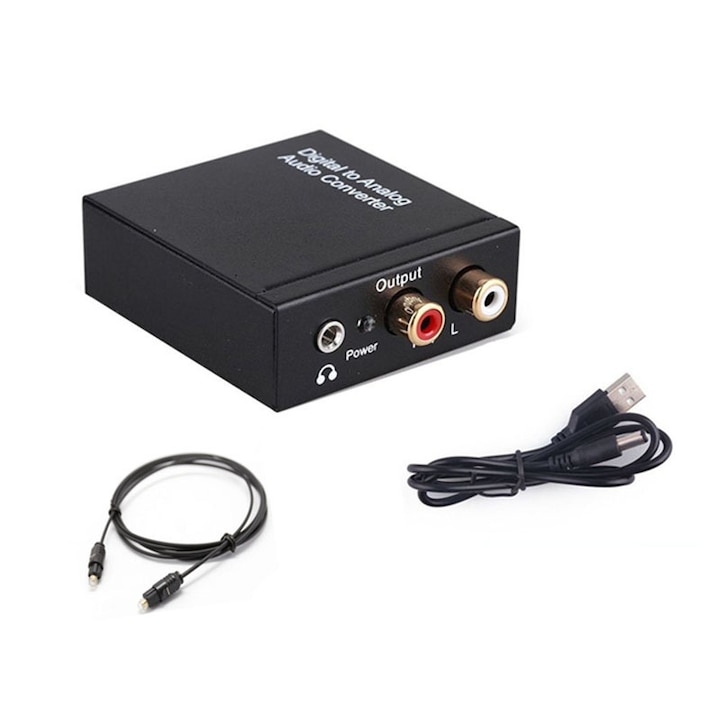 Convertor audio digital la analog, Digital SPDIF Coaxial /Toslink Optical Convert to RCA L/R 3.5 mm Jack Audio Adapter for PS4 HD DVD Home Cinema with Fibre Cable, Negru