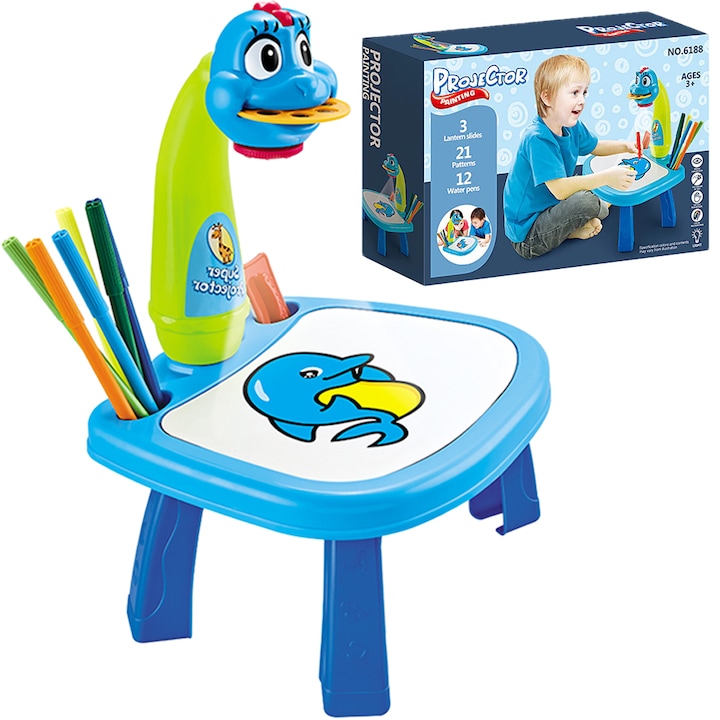 Jucarie educationala tip tabla, masuta de desenat cu proiector, cu hologram, 3 discuri cu 21 sabloane si 12 carioci pentru copiii, model dinozaur albastru Pitikot®