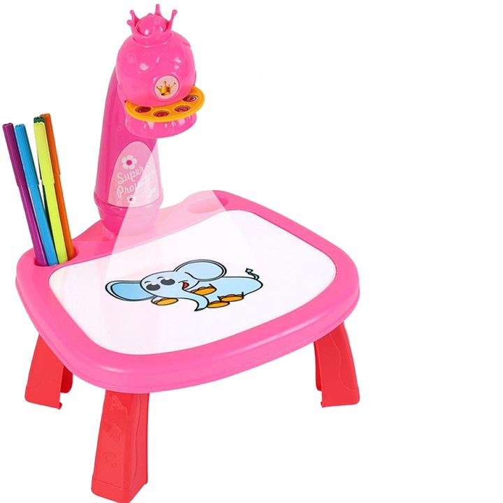 Jucarie educationala tip tabla Pitikot®, masuta de desenat cu proiector, cu hologram, 3 discuri cu 21 sabloane si 12 carioci pentru copii, model printesa roz Pitikot®