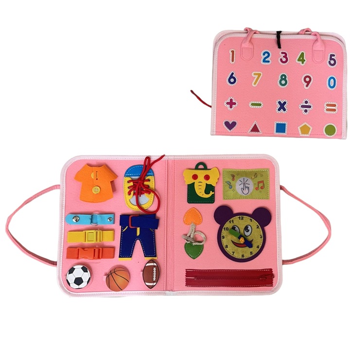 Carte senzoriala tip geanta cu activitati busy board, roz, Toyska®