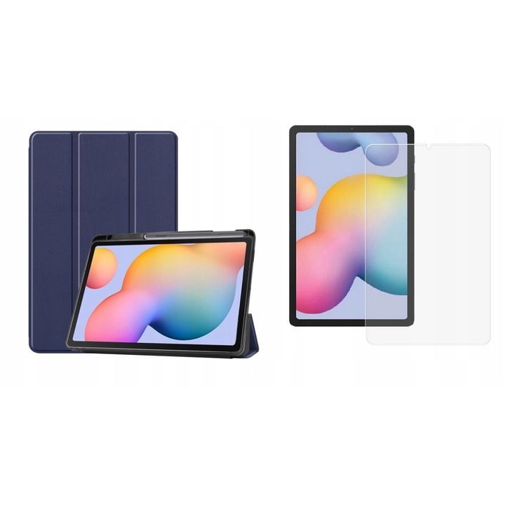 Set husa tableta/folie de protectie, Piele ecologica/Silicon, Compatibila cu Samsung Galaxy Tab S6, 10.4 inch, Albastru inchis