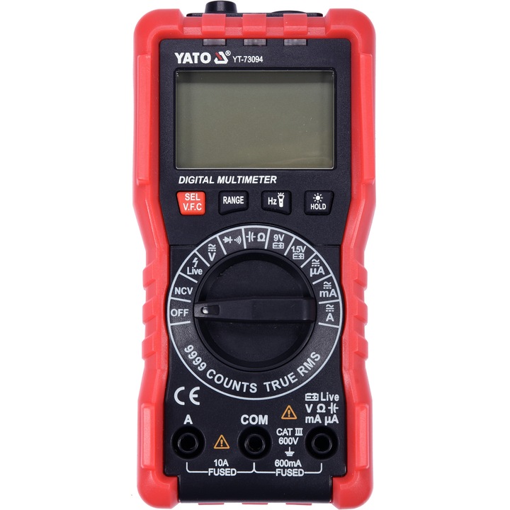 Contor digital multifunctional, Yato, Cu 2 cabluri testare, Ecran LCD, Negru/Rosu