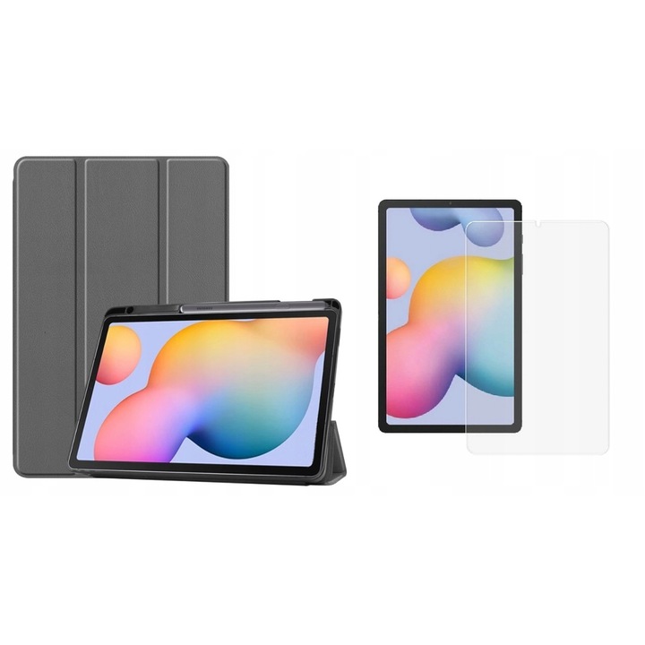 Set husa tableta/folie de protectie, Piele ecologica/Silicon, Compatibila cu Samsung Galaxy Tab S6, 10.4 inch, Gri