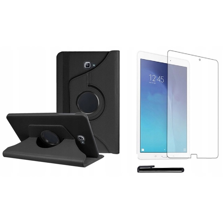 Táblaburkolat/védőfólia/toll készlet, ökológiai bőr/üveg, Samsung Galaxy Tab E készülékkel kompatibilis, 9,6 hüvelykes, fekete