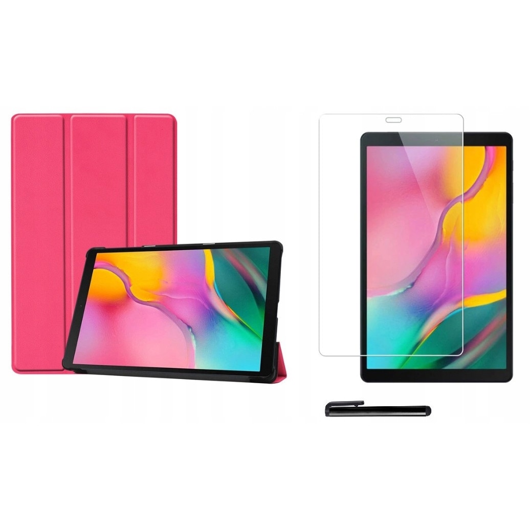 Set husa tableta/folie de protectie/stylus, Piele ecologica/Sticla, Compatibil cu Samsung Galaxy Tab A, 10.1 inch, Roz