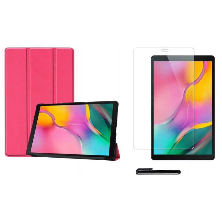 Set husa tableta/folie de protectie/stylus, Piele ecologica/Sticla, Compatibil cu Samsung Galaxy Tab A, 10.1 inch, Roz