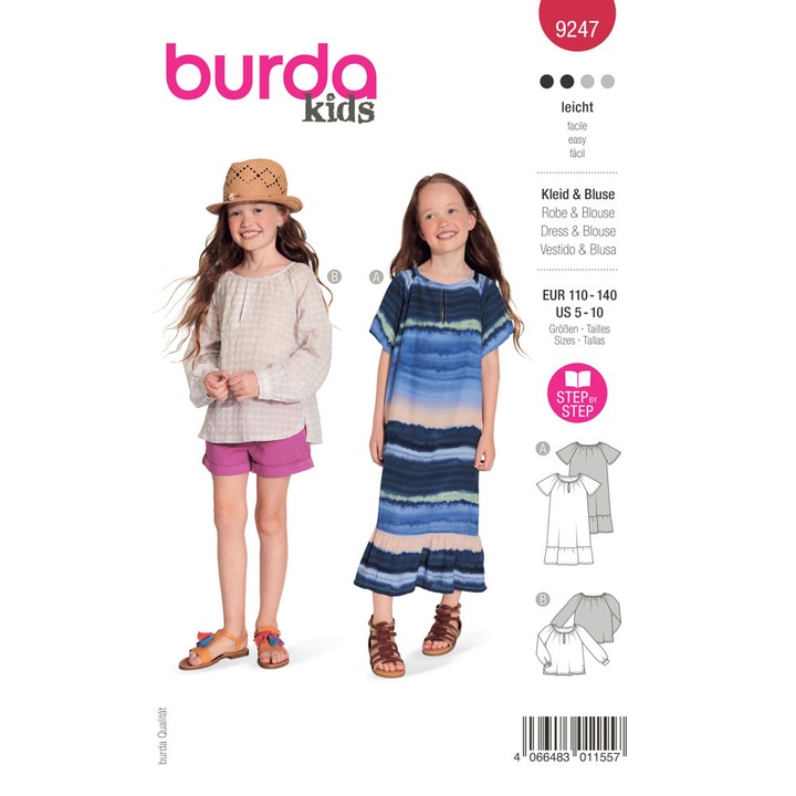 Кройка на рокля и блуза, в 2 варианта, мулти-размер 110-140, Burda Style 9247