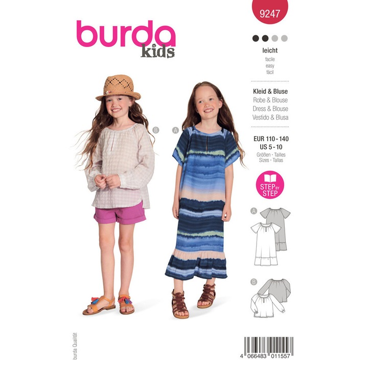 Tipar de croitorie rochie&bluza, in 2 variante, multi-masura 110-140, Burda Style 9247