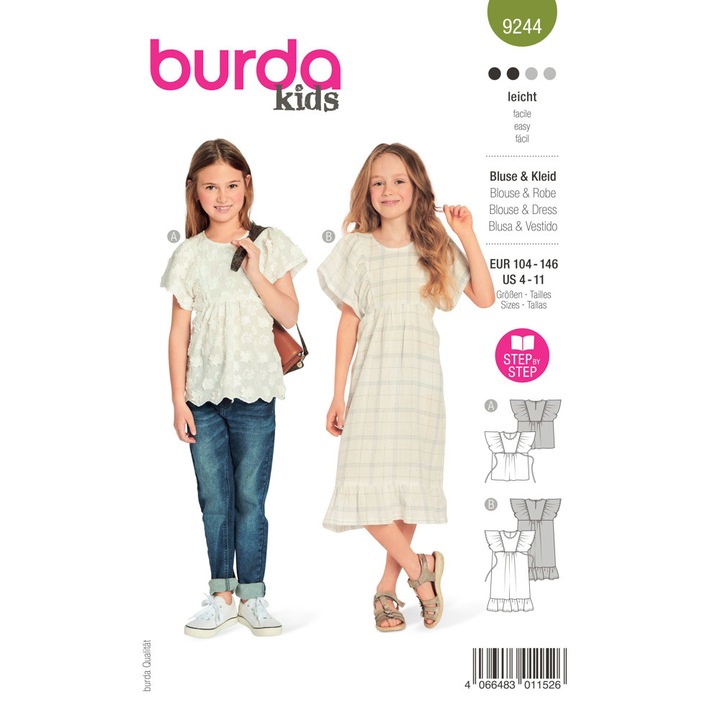 Кройка на рокля и блуза, в 2 варианта, различни размери 104-146, Burda Style 9244