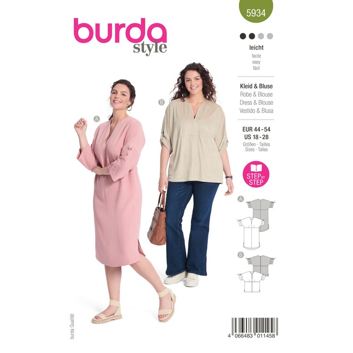 Кройка на рокля и блуза, в 2 варианта, различни размери 44-54, Burda Style 5934