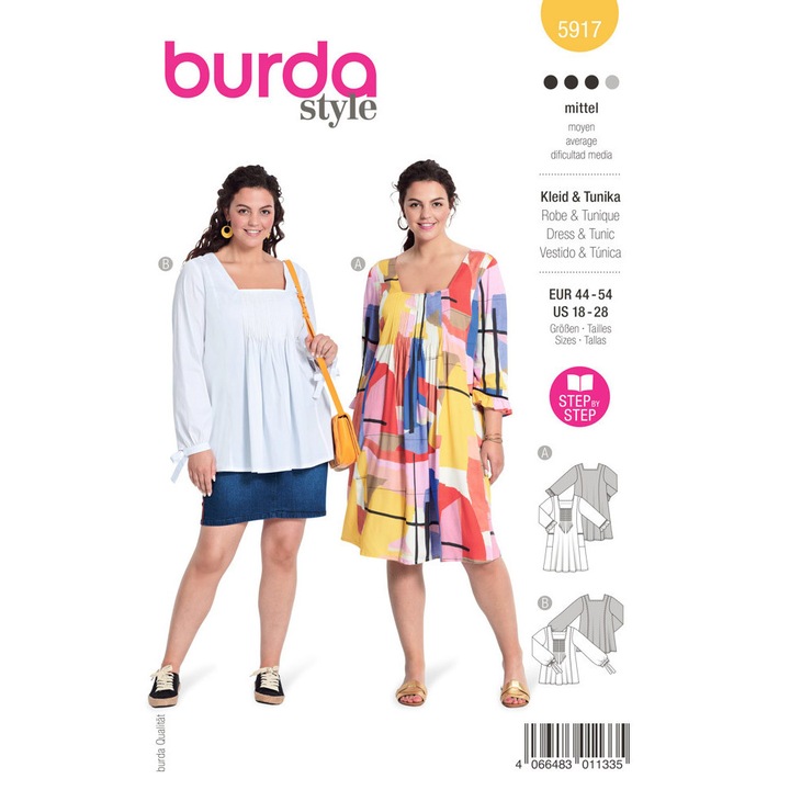 Tipar de croitorie rochie&tunica, in 2 variante, multi-masura 34-54, Burda Style 5917