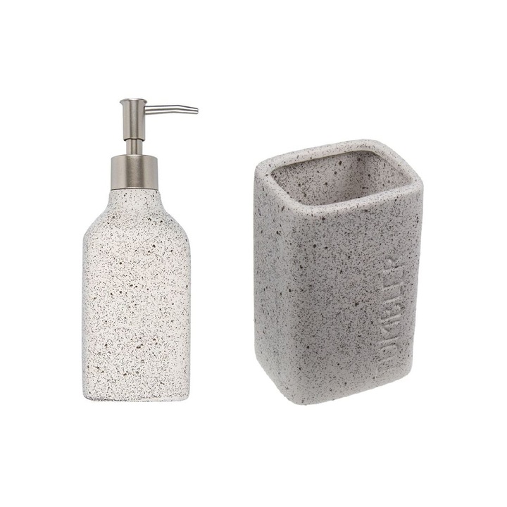 Set accesorii pentru baie Herum®, design nisip, din ceramica, 2 piese, Gri