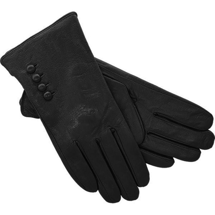 Manusi femei cu model cu nasturi, piele naturala, marimea Medium, negru