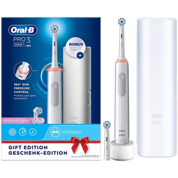Elektromos fogkefe Oral-B Pro 3 3500 Sensitive Clean, 3D tisztítás, 3 program, 2 fej mellékelve, Utazókészlet, Fehér