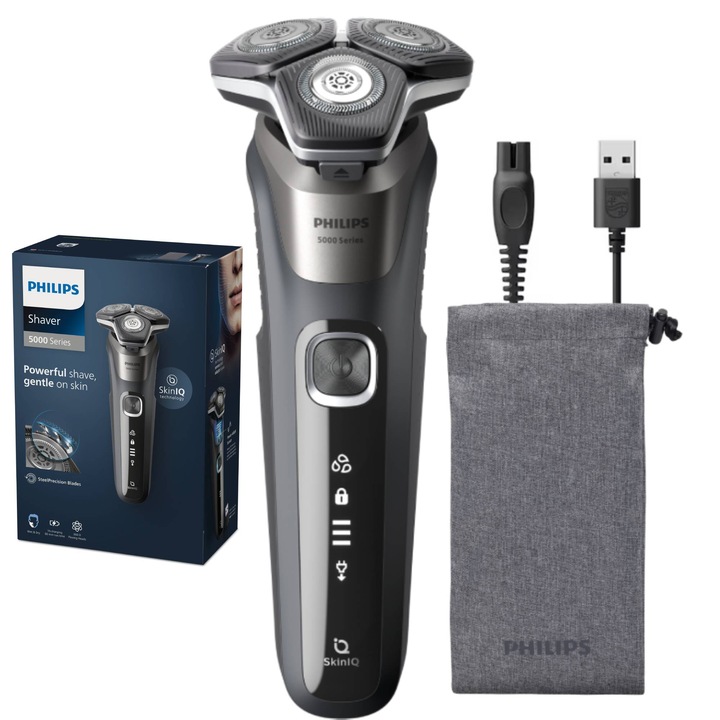 Самобръсначка Philips Shaver Series 5000 S5887/10, Мокро/сухо, Технология SkinIQ, Безжична връзка, 360° гъвкави глави, LED дисплей, Сензор Power Adapt , Самонаточващи се ножчета, Вграден тример, 60 мин., Gray carbon