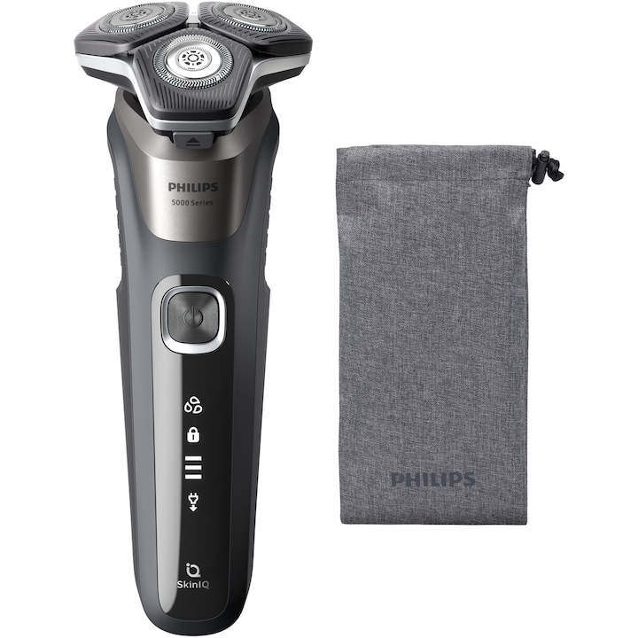 Philips Shaver Series 5000 Nedves és száraz elektromos borotva, SkinIQ technológia, LED kijelző, Power Adapt érzékelő, Önélező pengék, 60 perc működési idő, Szénszürke