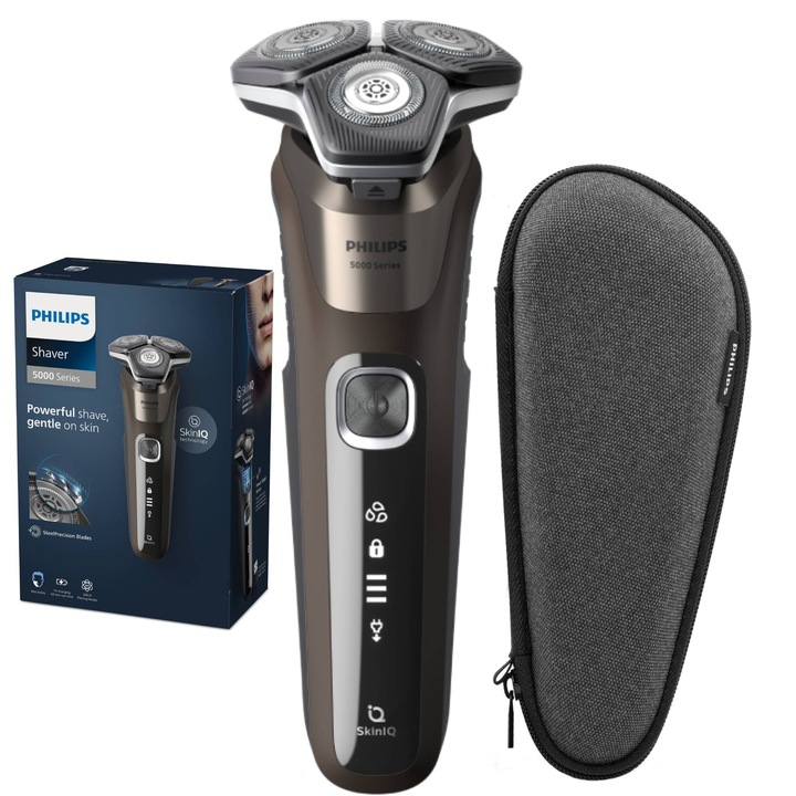 Самобръсначка Philips Shaver Series 5000 S5886/30, Мокро и сухо, Технология SkinIQ, Безжична връзка, 360° гъвкави глави, LED дисплей, Сензор Power Adapt, Самонаточващи се ножчета, Вграден тример, 60 мин., Транспортен калъф, Стойка за зареждане, Кафяв