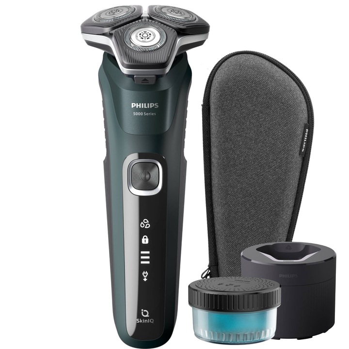 Самобръсначка Philips Shaver Series 5000 S5884/50, Мокро/сухо бръснене, SkinIQ технология, Без кабел, Гъвкави глави на 360°, LED дисплей, Сензор Power Adapt, Самозаточващи се остриета, 60 мин, Транспортен калъф, Тъмнозелен