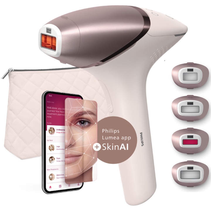 Фотоепилатор IPL Philips Lumea Series 9900 BRI977/00, Сензор Smartskin, Технология SenseIQ, Връзка с приложението с функции Skin AI, Употреба с или без кабели, 450 000 импулса, Аксесоари за лице, тяло, подмишници и бикини зона, Powder pink