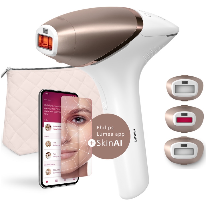 Фотоепилатор IPL Philips Lumea Series 9900 BRI973/00, Сензор Smartskin, Технология SenseIQ, Връзка с приложението с функции Skin AI, Използване с или без кабели, 450 000 импулса, Аксесоар лице, Тяло, Прецизност, Rose Gold/White