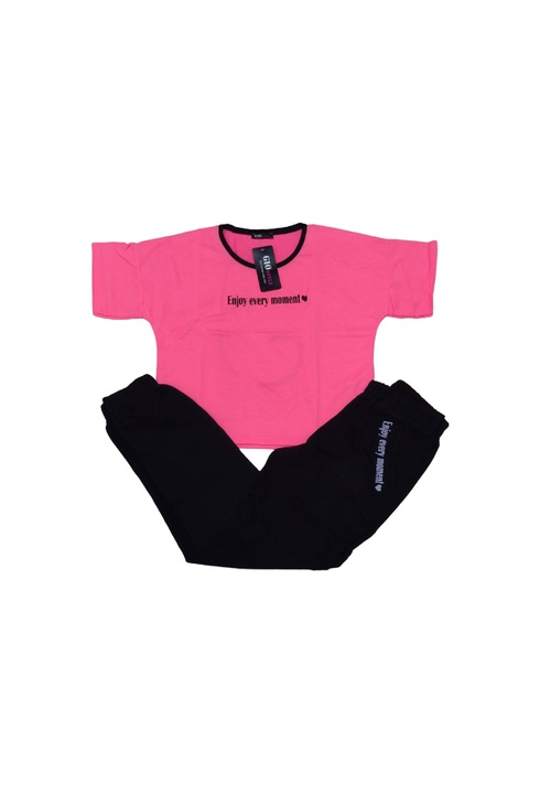 Compleu bumbac, negru, roz neon, model Enjoy every moment