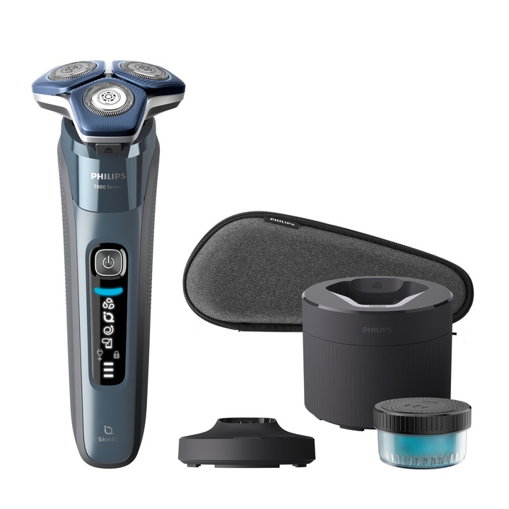 Самобръсначка Philips Shaver Series 7000 S7882/55, Мокро/сухо бръснене, Технология SkinIQ, Гъвкави глави на 360°, LED дисплей, Сензор Motion Control, Сензор Power Adapt, Самозаточващи се ножчета, 60 мин, Стойка за зареждане, Транспортен калъф, Ice Blue