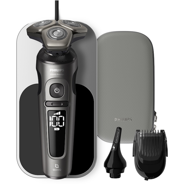 Philips Shaver Series S9000 Prestige Nedves és száraz elektromos borotva, SkinIQ technológia, Ultraflex fejek, Smart Hair érzékelő, NanoTech pengék, 60 perc üzemidő, Vezeték nélküli töltés Szürke