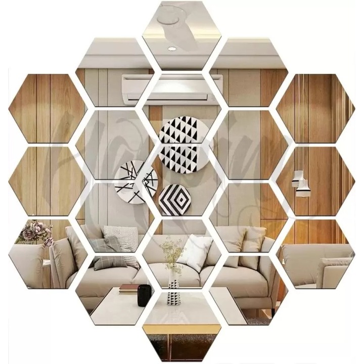 Set 18 Oglinzi Acrilice Autoadezive Luxer, Model Hexagon,18.5x16x9.3 cm, Silver