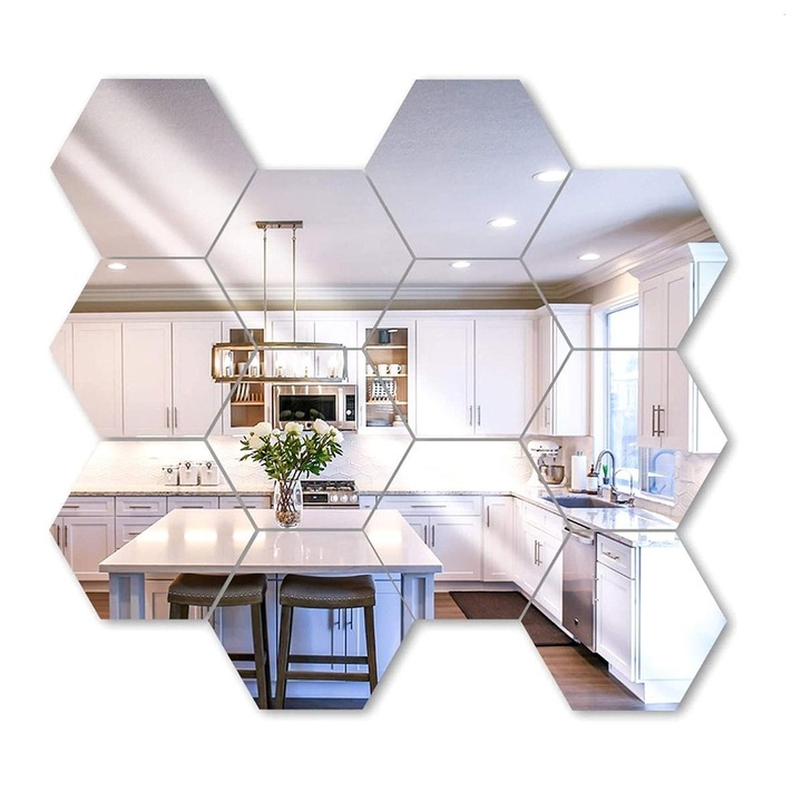 Комплект от 12 самозалепващи се декоративни акрилни огледала DAVIDAMI CONCEPT®, модел Hexagon, размер 18,5 cm x 16 cm x 9,3 cm