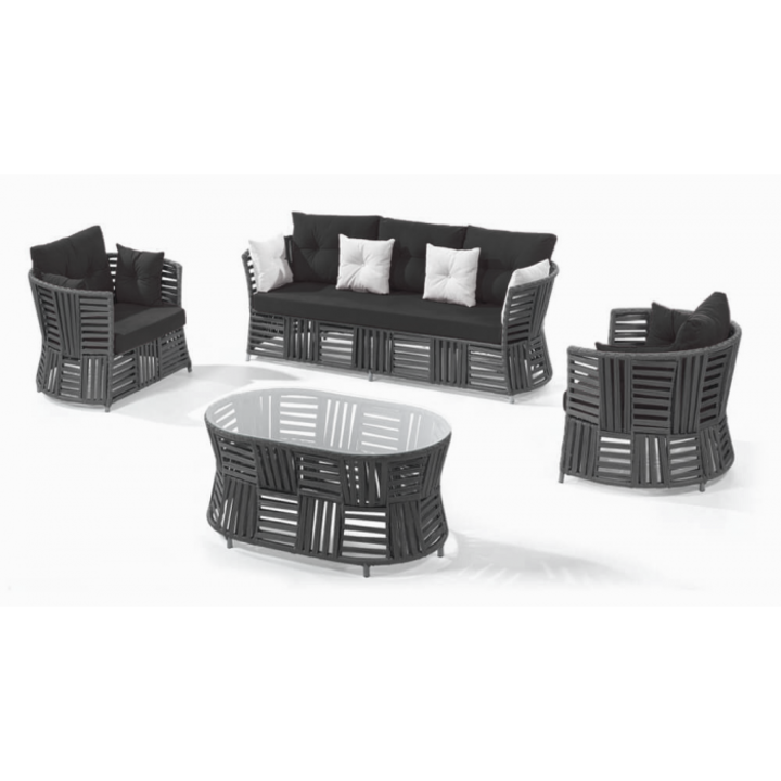 Set mobilier gradina 4 piese RAKI LUCCA, canapea 145x75xh80cm cu 2 fotolii 70x75xh80cm si masa, cadru metalic si impletitura sfoara, antracit