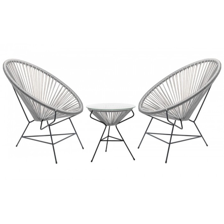 Set mobila terasa RAKI 2 fotolii 82x84xh80cm si masa 50xh54cm cu blat de sticla, cadru metalic si impletitura textila, gri deschis