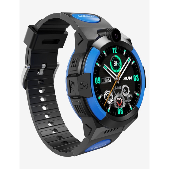 Gyermek sport okosóra, 4G, GPS helymeghatározással, WIFI, SOS gomb, előlapi kamera, telefon funkció, kémfigyelő, kerek IPS érintőképernyő ,1.28", fekete és kék