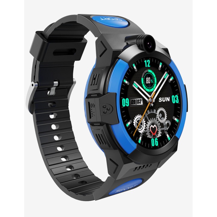 Ceas Smartwatch Sport copii GPS 4G, cu localizare GPS, WIFI, Buton SOS, Camera foto frontala, Functie Telefon, Monitorizare spion, Ecran rotund IPS Touch Screen 1.28inch, Negru si albastru