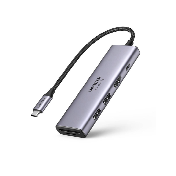 HUB адаптер, Ugreen, CM511, USB 3.2 Gen 1, PD, USN-C / 2x USB + HDMI + SD + TF + PD, 100W, сив