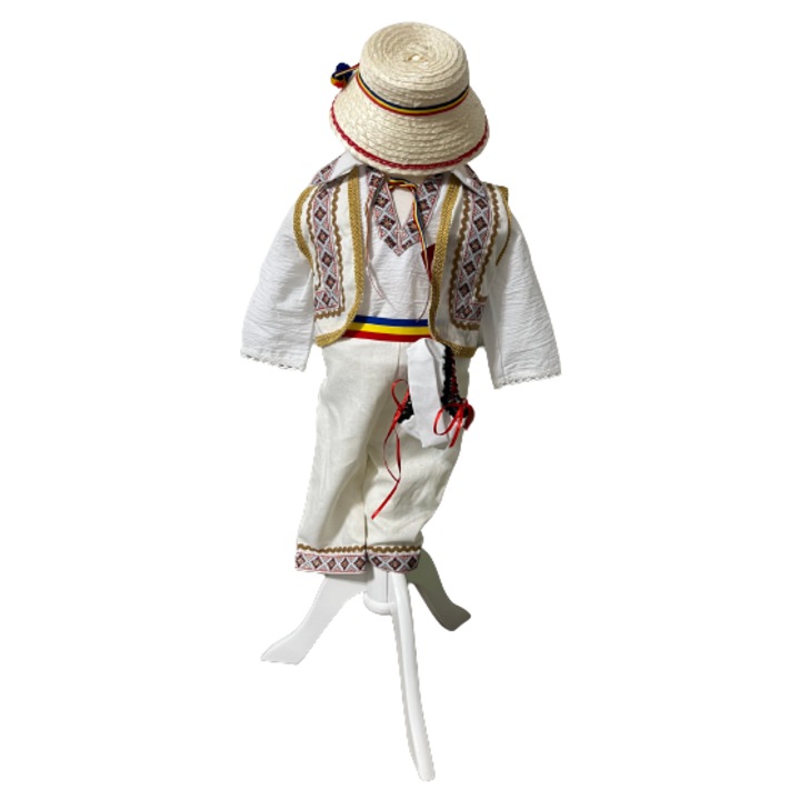 Costum traditional baieti cu vesta, broderie alb/auriu, 9-12 LUNI, 6 piese, 74-80 CM