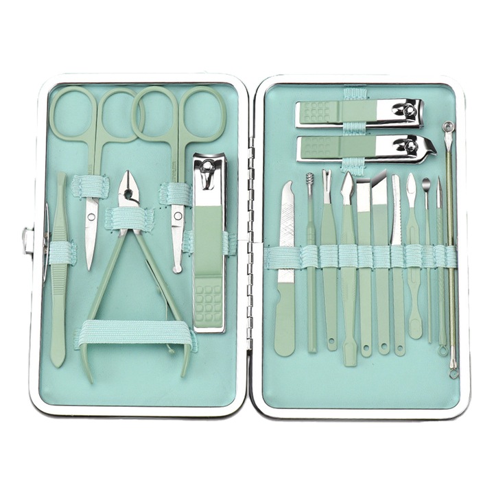 Set manichiura/pedichiura, 18 Piese, Inox, Verde