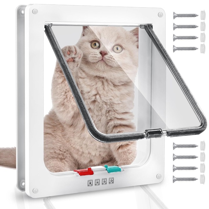 Usa batanta pentru animale de companie, BYONDSELF®, ABS, XL 27.8 x 24.9 x 5.3 cm, 4 moduri de intrare/iesire, pentru pisici si caini de talie mica, Alb