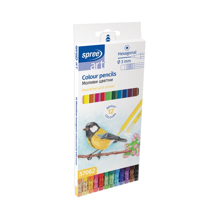 Цветни Моливи, Spree, Шестоъгални с гумичка, Woodfree, 12 цвята
