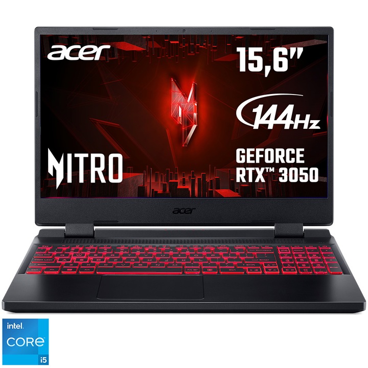 Acer Nitro 5 AN515-58 Gaming laptop Intel® Core™ i5-12450H processzorral max. 4.4 GHz, 15.6", Full HD, IPS, 144Hz, 16GB, 512GB SSD, NVIDIA® GeForce RTX™ 3050 4GB GDDR6, No OS, Nemzetközi angol billentyűzet, Fekete