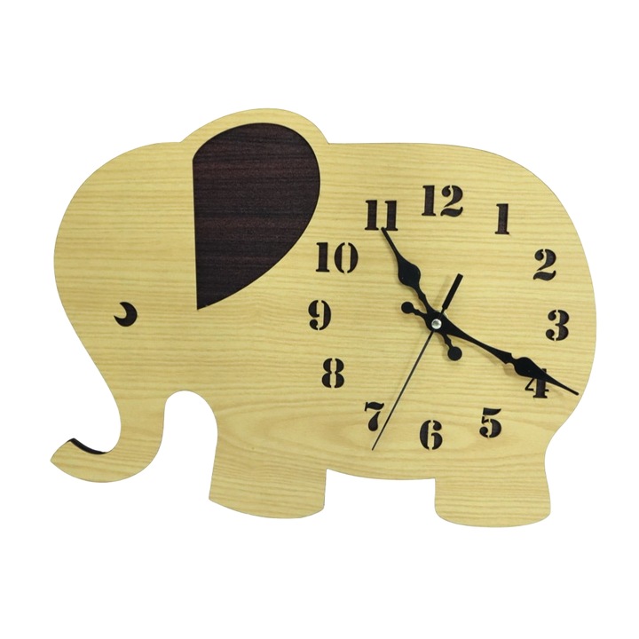 Ceas de perete model elefant, Woodmag WDMC27, dimensiune 40x26 cm