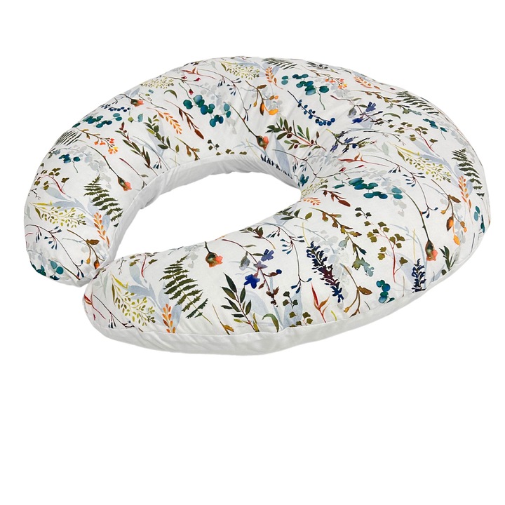 Perna pentru alaptare, Twindeco Premium, 2 in 1, pozitionare bebe, 76x66 cm, husa detasabila, Imprimeu Frunze