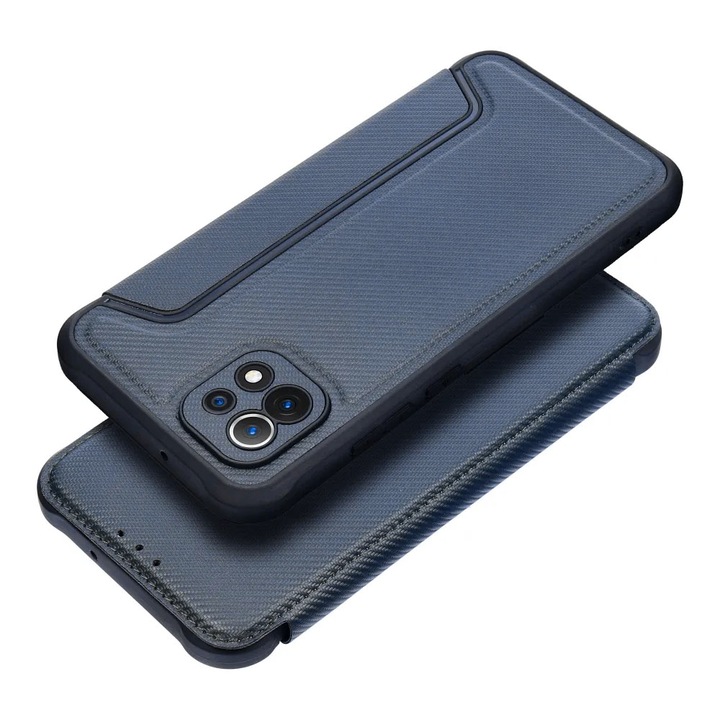 Противоударен флип калъф за Samsung Galaxy A03, магнитно затваряне, карбонова вложка, тип книга, държач за карти, уникален дизайн, пълна защита, син