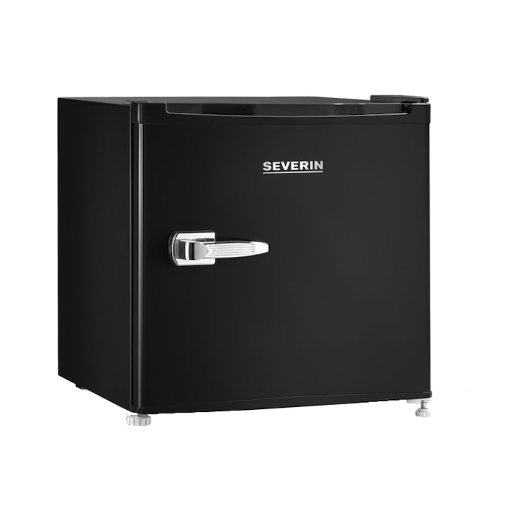 Мини хладилник Retro Severin, с функция замразяване, H 49.6, обем 31 литра, отваряне вдясно, 1 рафт, терморегулатор +10/-24°C, безшумен, хромирана дръжка, черен